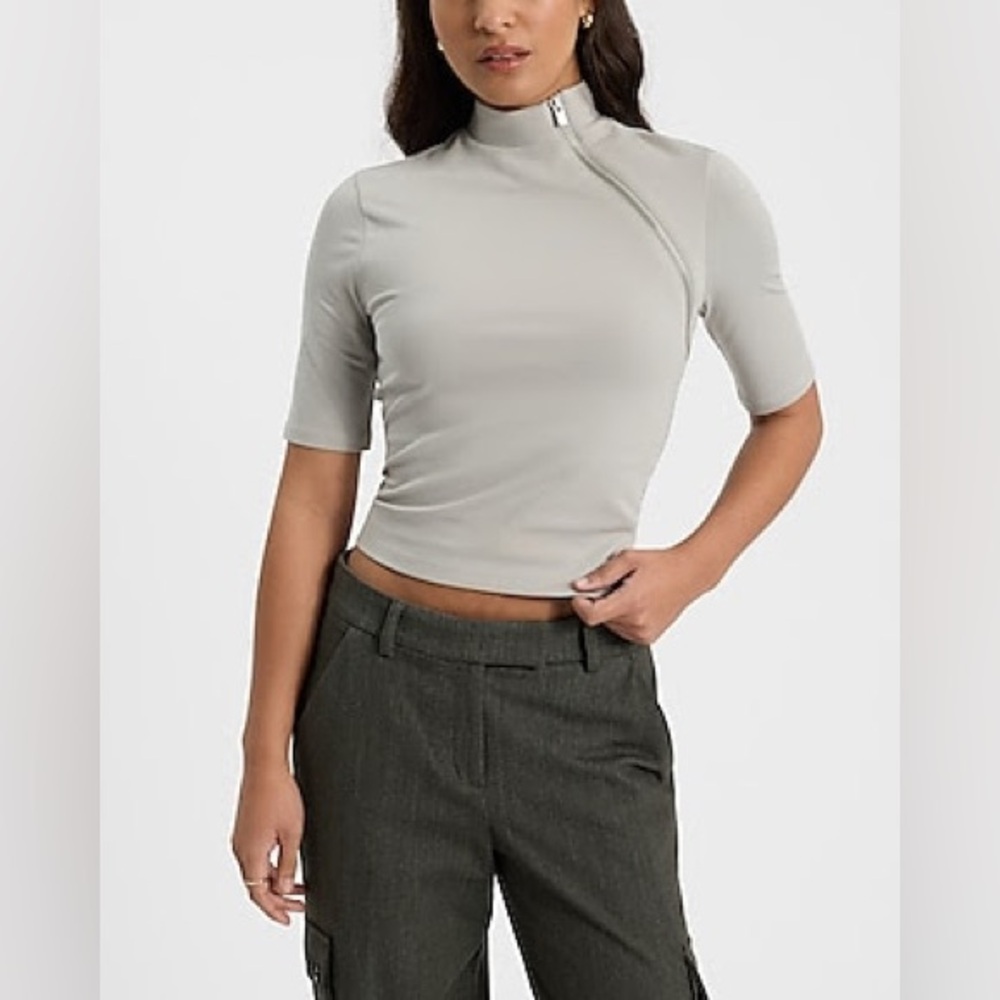 Body Contour Stretch Cotton Zip Mock Neck Elbow Sleeve Tee